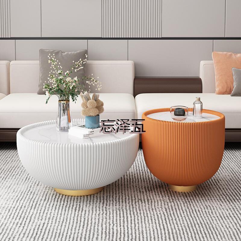 PCGS北欧轻奢茶几现代客厅桌子小户型大小组合圆形岩板皮艺创意碗