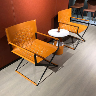 休闲椅单人沙发椅马鞍皮钢架结构现代简约售楼部会客室接待洽谈椅