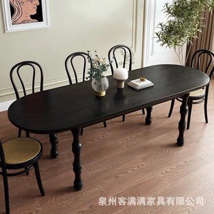 法式复古全实木餐桌椅组合小户型家用半圆椭圆黑色饭桌餐厅靠墙桌