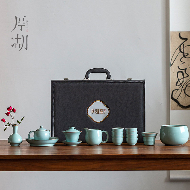 厚湖窑天青汝瓷茶具大套装开片可养茶壶盖碗壶承主人杯礼品批发