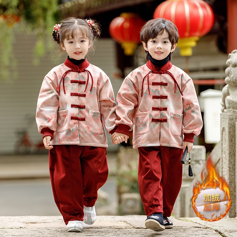 幼儿冬季班服加绒唐装男生汉服女宝宝秋冬加厚套装江山表演服古风