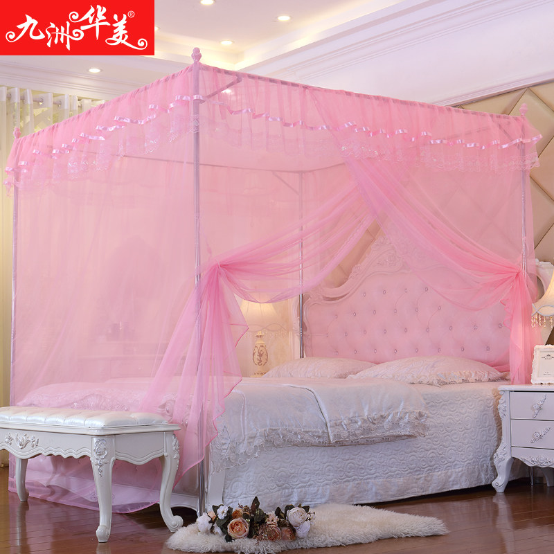 单开门蚊帐宫廷落地公主床四柱导轨蚊帐不锈钢支架1.5/1.8m米三门