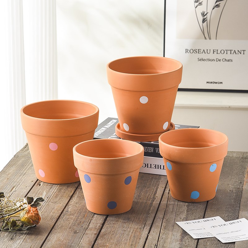 创意新款红陶手工彩印圆形波点大口径陶土花盆透气绿萝陶瓷素烧盆