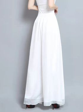 春夏季白色大摆阔腿裤女高腰胖mm宽松雪纺甩裤女大码宽腿裤长裤裙