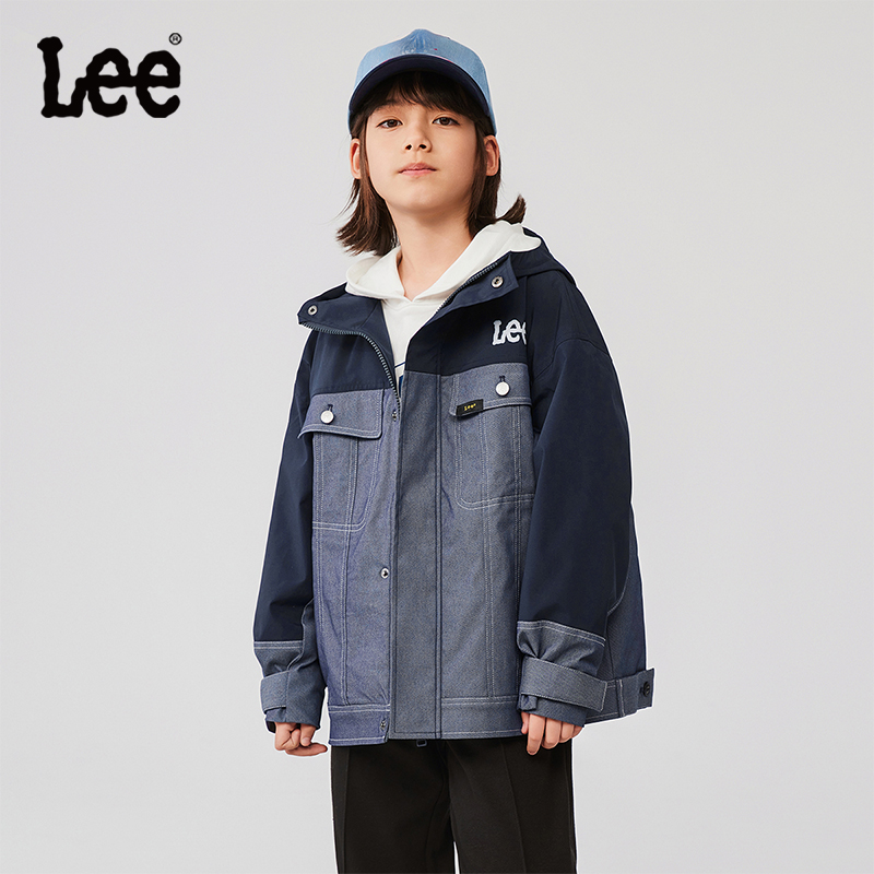 Lee Kids男童女童薄款外套2025春季新款儿童夹克拼接撞色连帽上衣