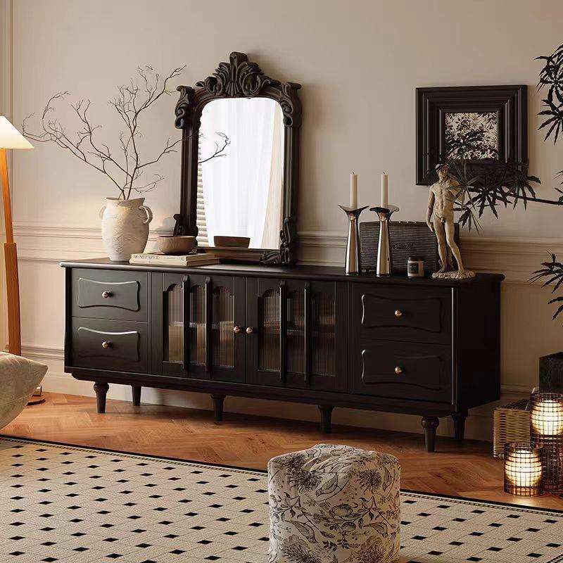 美式复古实木茶几电视柜组合法式黑色中古风家用客厅影视地柜酒柜