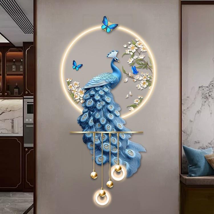 孔雀玄关装饰画高级感立体LED壁灯新中式入户走廊过道挂画图片