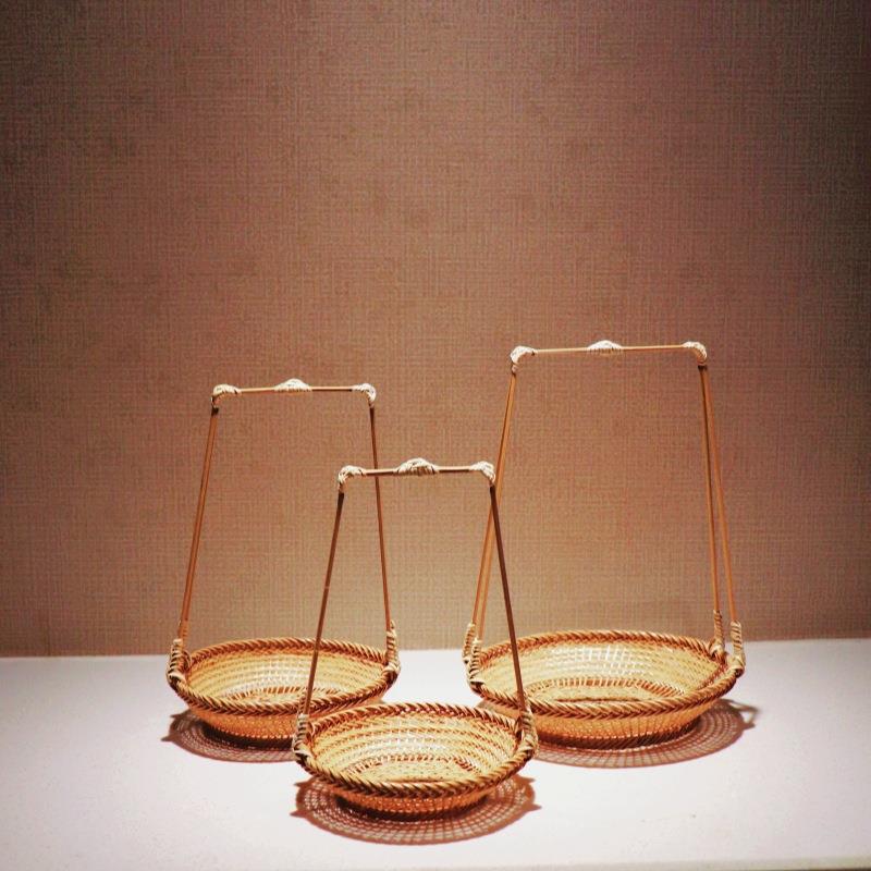 竹编手提篮竹制品复古工艺竹编小篮带盖竹篮圆形家用水果菜篮子