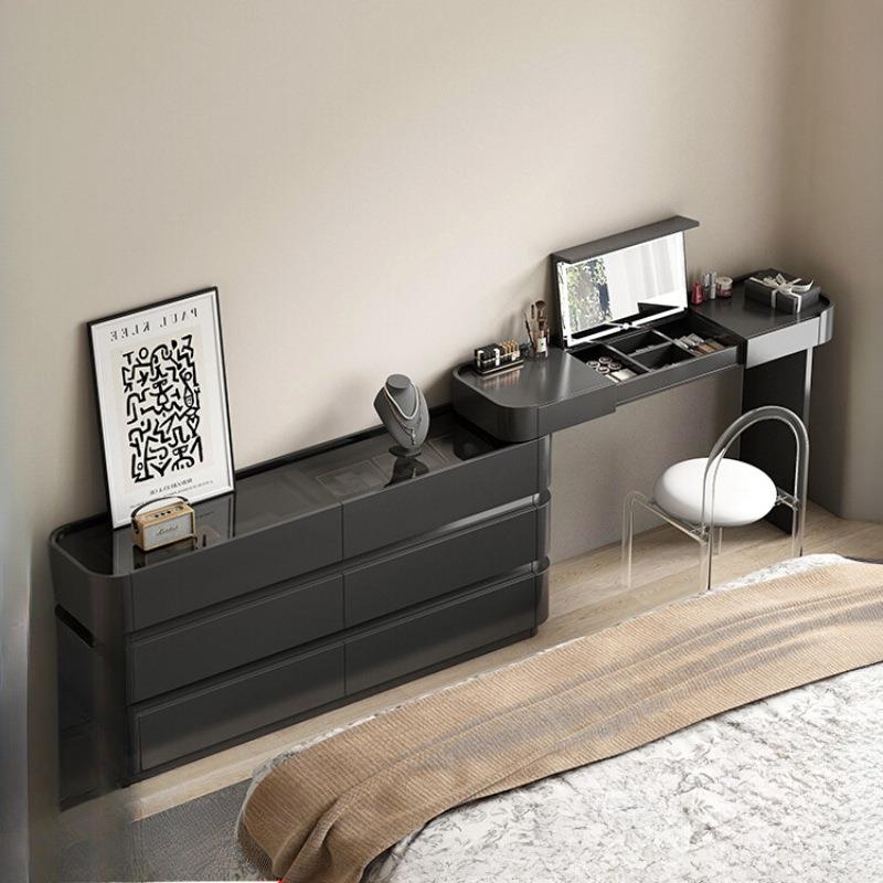 黑色梳妆台斗柜一体意式化妆桌极简风卧室高级轻奢化妆台伸缩翻盖