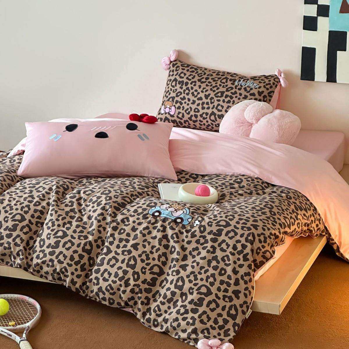 豹纹纯棉长绒棉数码印花刺绣四件套全棉床单被套学生床上用品