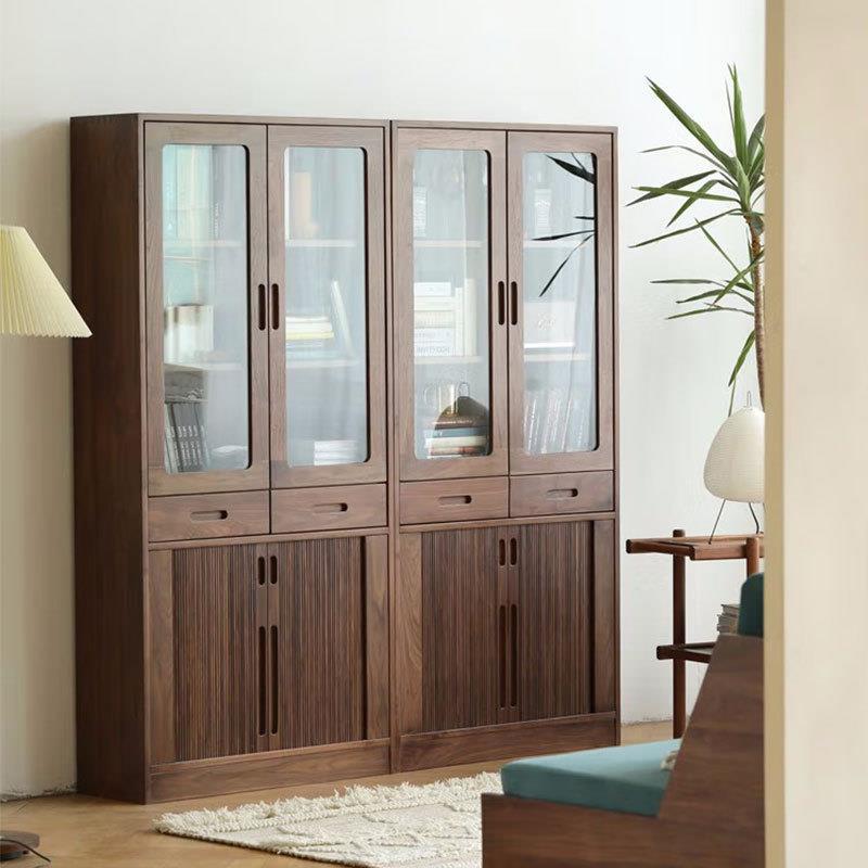 现代简约实木书柜北欧黑胡桃木书架落地格子柜客厅复古储物柜子