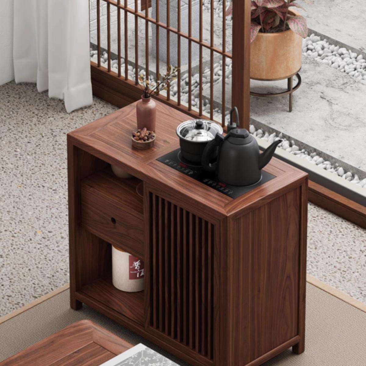 新中式茶水柜老榆木侧边柜简约小户型餐边柜胡桃木办公实木茶水台