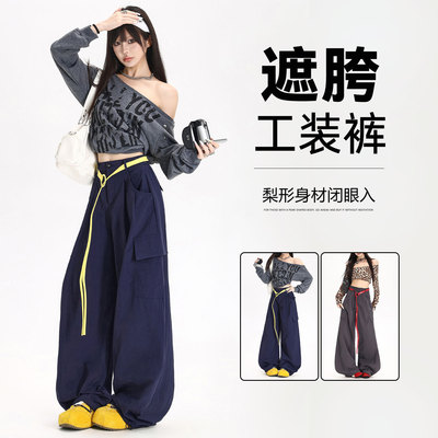 美式复古工装裤女酷拽多口袋纯棉高腰弯刀阔腿裤女宽松休闲长裤子