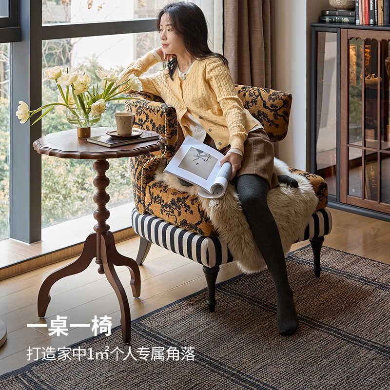 巢趣法式复古实木小圆桌小户型客厅沙发边几小茶桌可移动茶几图片