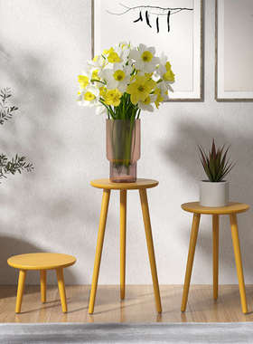 白色原木混搭花架子客厅落地式三脚花几家用电视柜旁花店实木展示