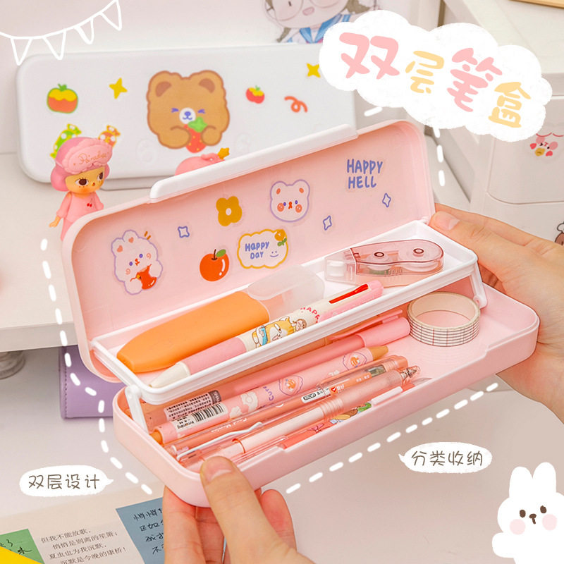 速发新双层笔盒生色文具量孩小学纯可爱大容盒奶油胶文具铅笔盒