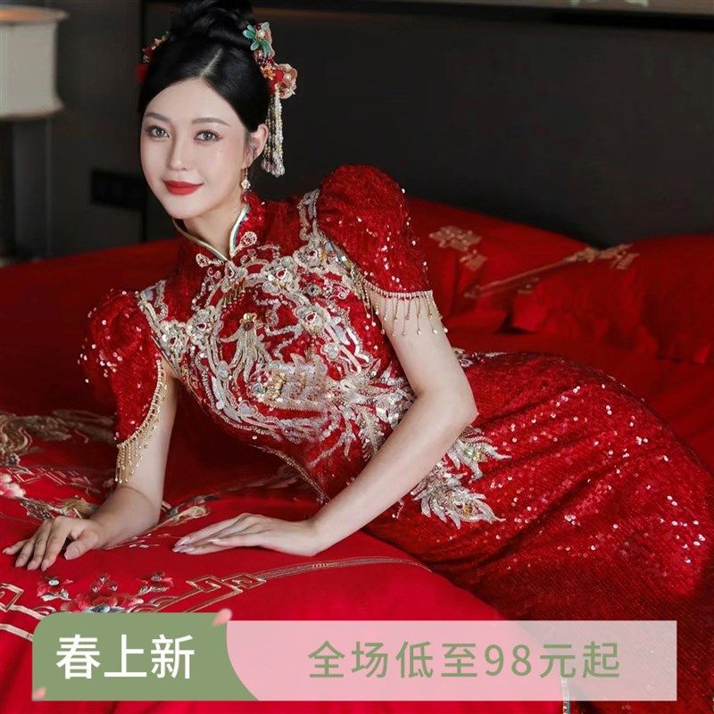 速发季末特惠 服色中式新娘结婚敬酒婚婚礼婚宴红纱礼服旗袍1126
