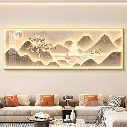 速发带灯轻奢客厅装饰画沙发背景墙挂画壁画简约现代高级感横幅