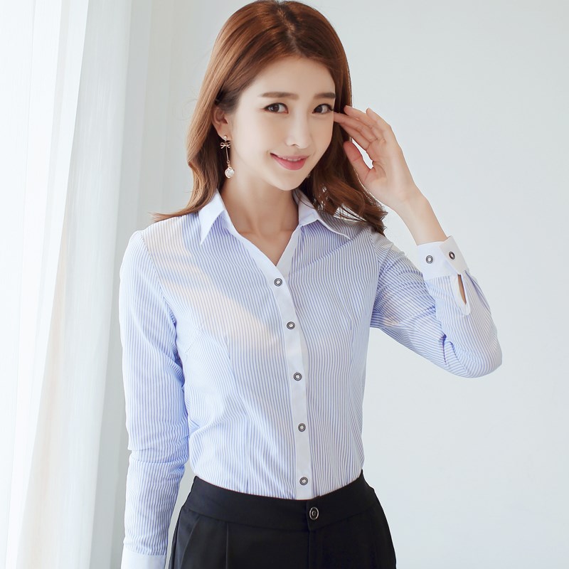 速发条纹蓝色职袖春夏打底抗皱气服棉银行长业装工作质工装衬衣