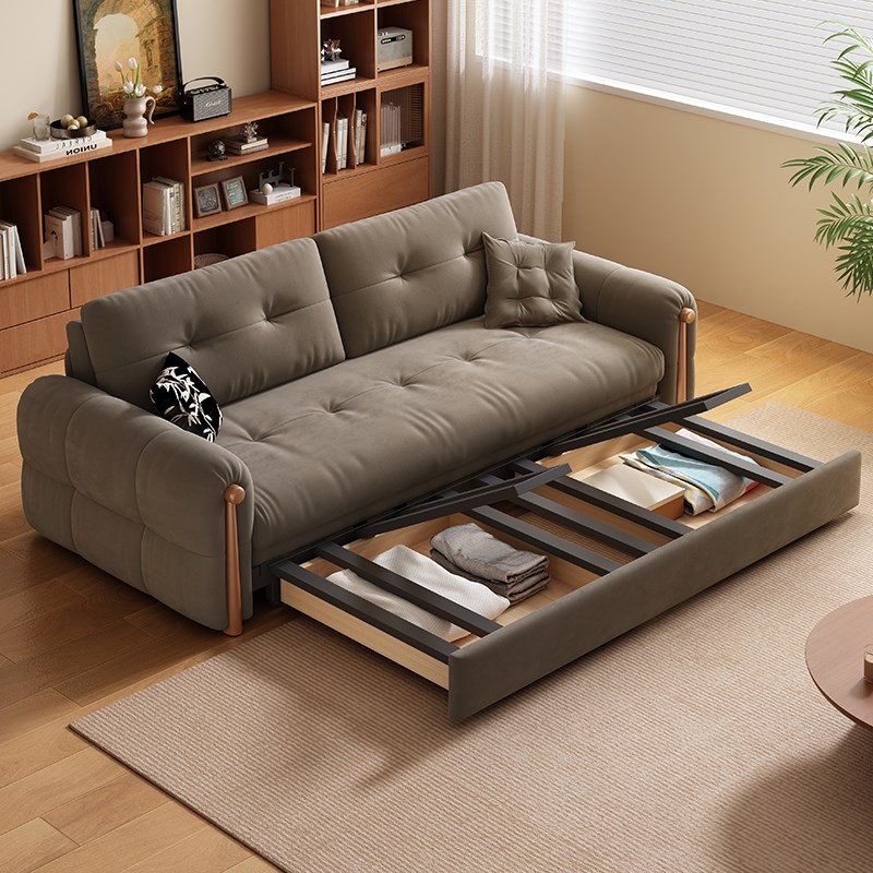 速发胡桃色实木户发床折叠两用可拆洗小沙风客厅原木型沙发布艺日