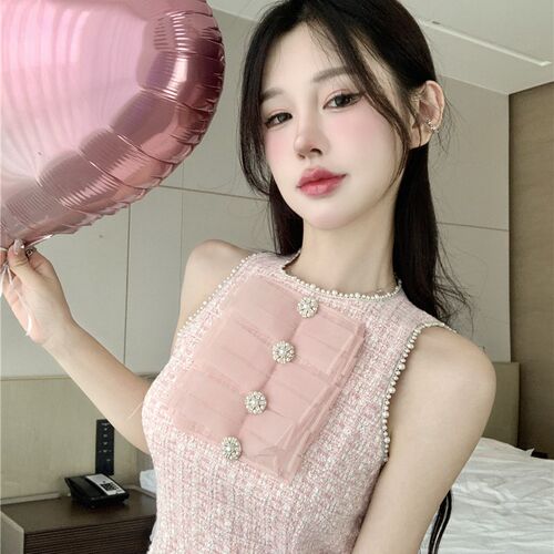 速发粉法裙子夏季202新款质式名媛气色纯欲无袖生日连衣裙装