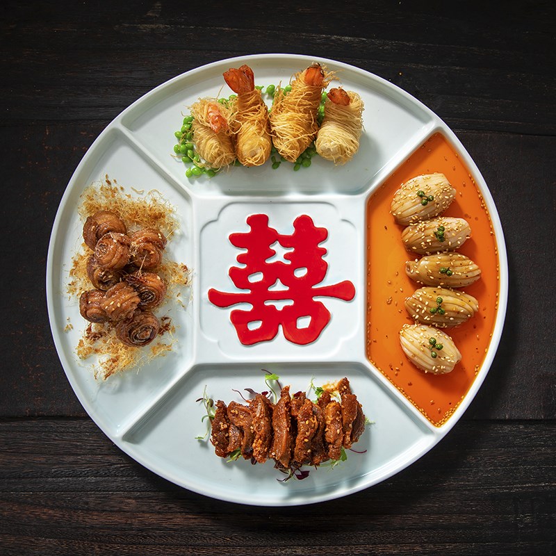 速发中式陶四婚店喜字拼盘酒店饭宴卤水拼盘干果小吃水果瓷格分格