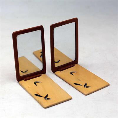 速发新款可携式手持折叠式小镜子 绿檀木桃木镂空雕单面化妆镜可