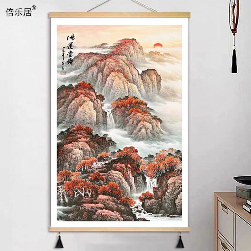 速发墙运当头新中式挂画玄关卷轴挂布画茶室办公室鸿壁装吉画饰祥
