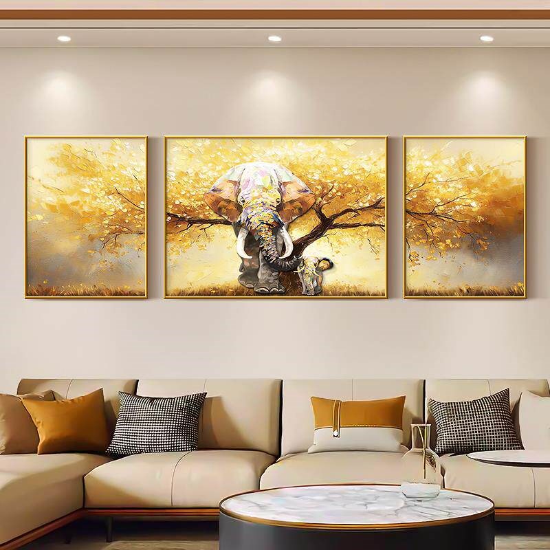 速发轻奢风发财树客厅装饰画肌理感大象三联挂画寓意好沙发背景墙