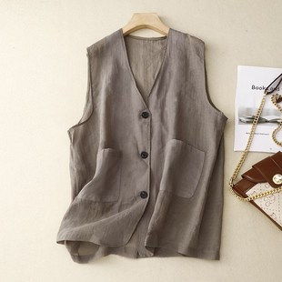 速发夏天心款外穿棉麻料甲士纯色简约防晒开衫背薄百搭麻马坎肩上