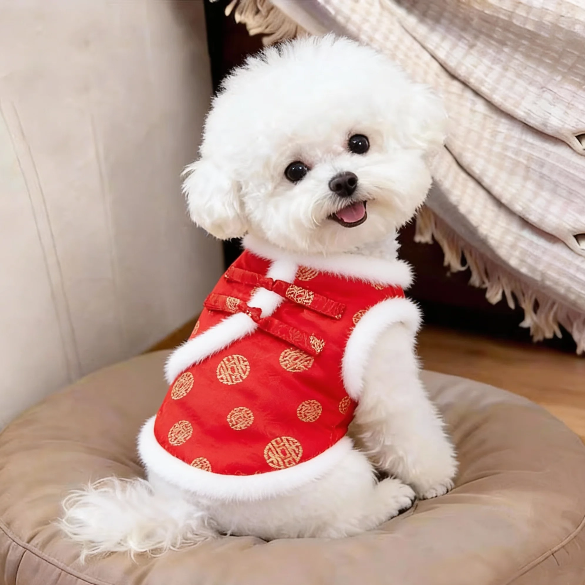 小狗狗衣服新年秋冬季保暖背心比熊泰迪过年宠物猫咪喜庆唐装马甲