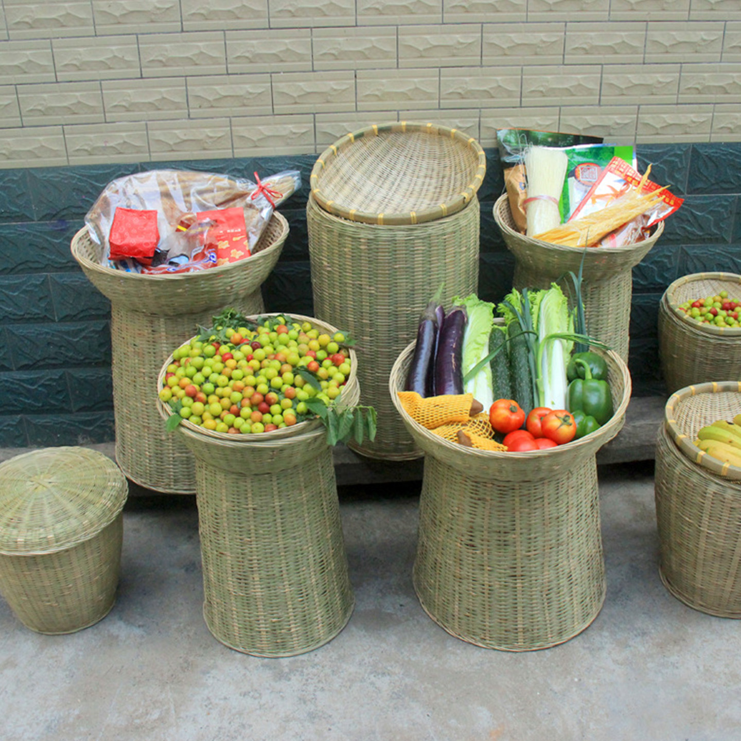 竹编箩筐超市蔬果陈列展示大号筐竹青皮编织收纳筐复古色圆桶套筐