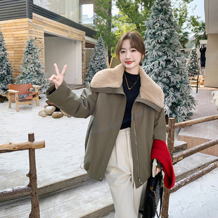 派克服羊羔毛大翻领短外套韩版 棉衣2025女短款 大衣 加绒加厚款 冬季
