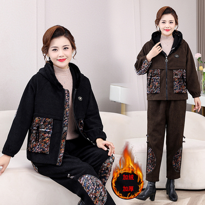 中年妈妈冬装2025灯芯绒棉服套装新款拼接加绒加厚连帽棉衣两件套