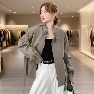 韩版短款立领风衣外套女2026春季新款小个子设计感宽松系带上衣潮