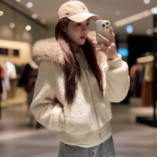 冬季2025新款仿羊羔毛外套女短款加厚连帽时髦保暖毛毛绒上衣棉服