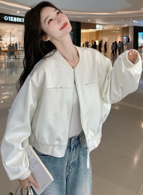 韩版设计感白色棒球服外套女2026春季新款小个子宽松显瘦夹克上衣