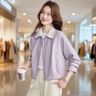 韩系蕾丝拼接翻领短款皮衣外套女2026春季新款时尚小个子夹克上衣