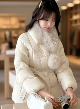 高级感甜美百搭款羽绒棉服女2025冬季新款小个子系带显瘦棉衣外套