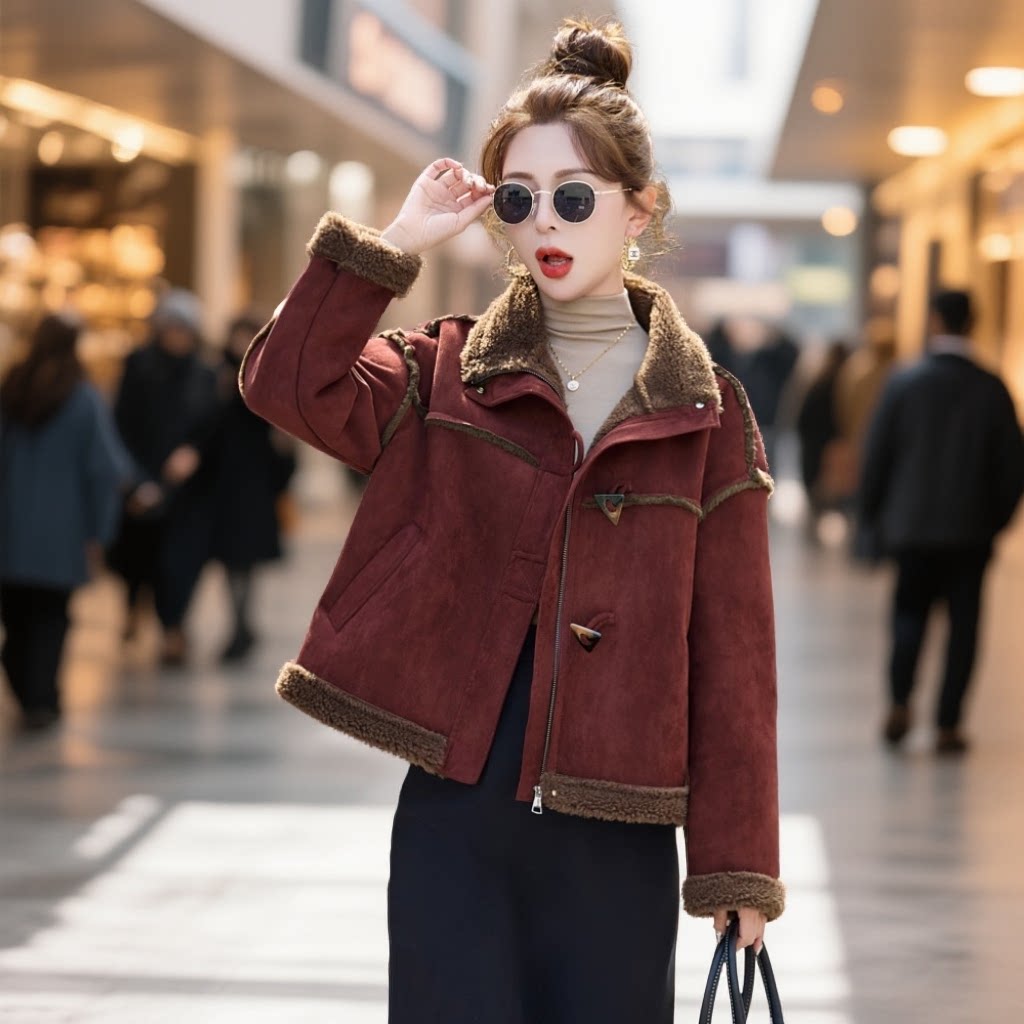 皮毛一体羊羔毛加厚外套女冬装2025新款仿鹿皮绒短款机车夹克上衣