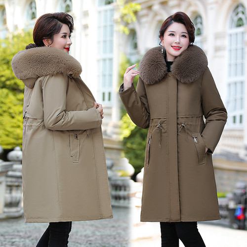 妈妈冬装羽绒棉服连帽2025中老年中长款加绒加厚棉衣女派克服外套