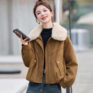 韩版麂皮绒翻领羊羔毛短款羽绒棉服2025冬季新款宽松显瘦棉衣外套
