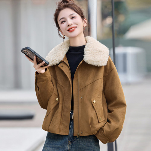 韩版麂皮绒翻领羊羔毛短款羽绒棉服2025冬季新款宽松显瘦棉衣外套