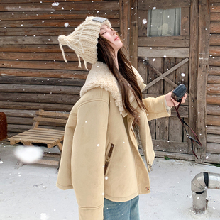 羊羔毛拼接大翻领皮毛一体棉衣外套女2025冬季 加厚加绒上衣潮 新款