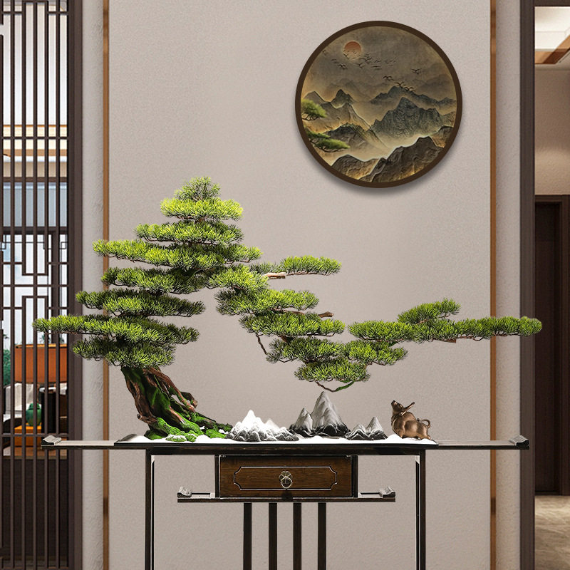 迎客松罗汉松美人松摆件大型仿真办公室桌面酒店客厅玄关装饰盆景