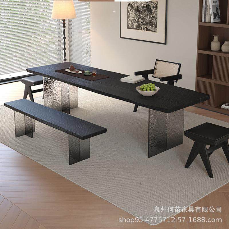 实木冰裂亚克力餐桌茶桌椅家用办公桌椅中古风昌迪加尔椅藤编椅子