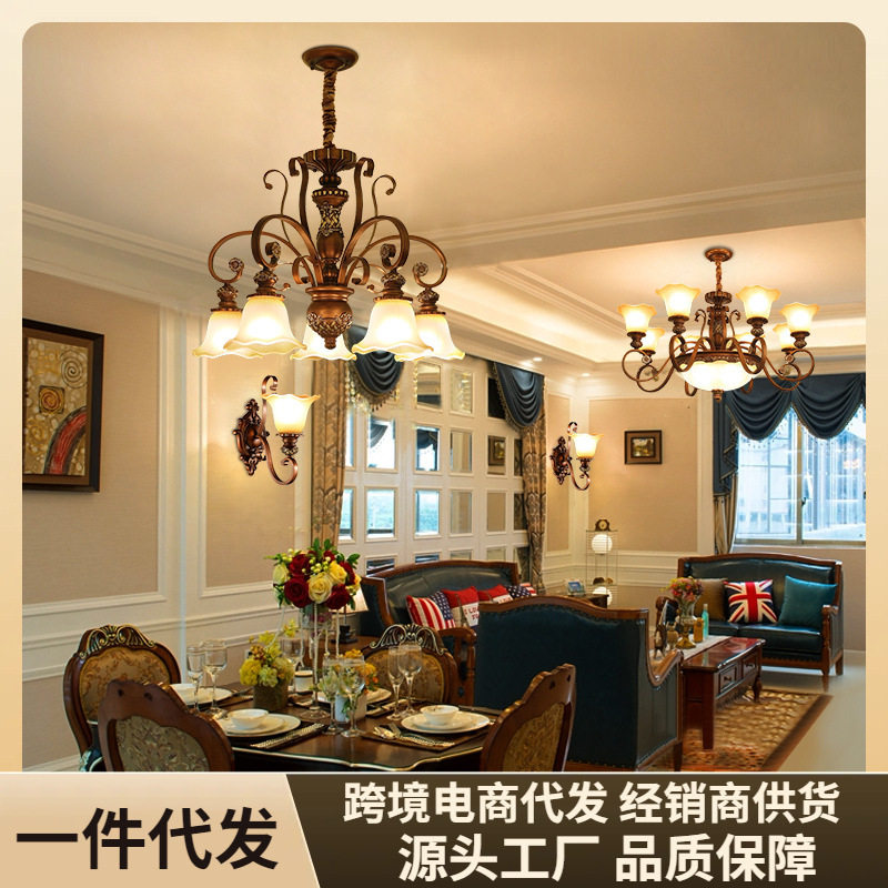 美式吊灯客厅主灯铁艺田园乡村别墅大厅复式楼梯餐厅灯具复古风