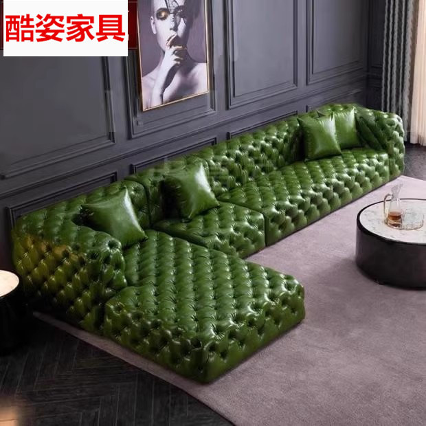 美式轻奢拉扣真皮科技布沙发