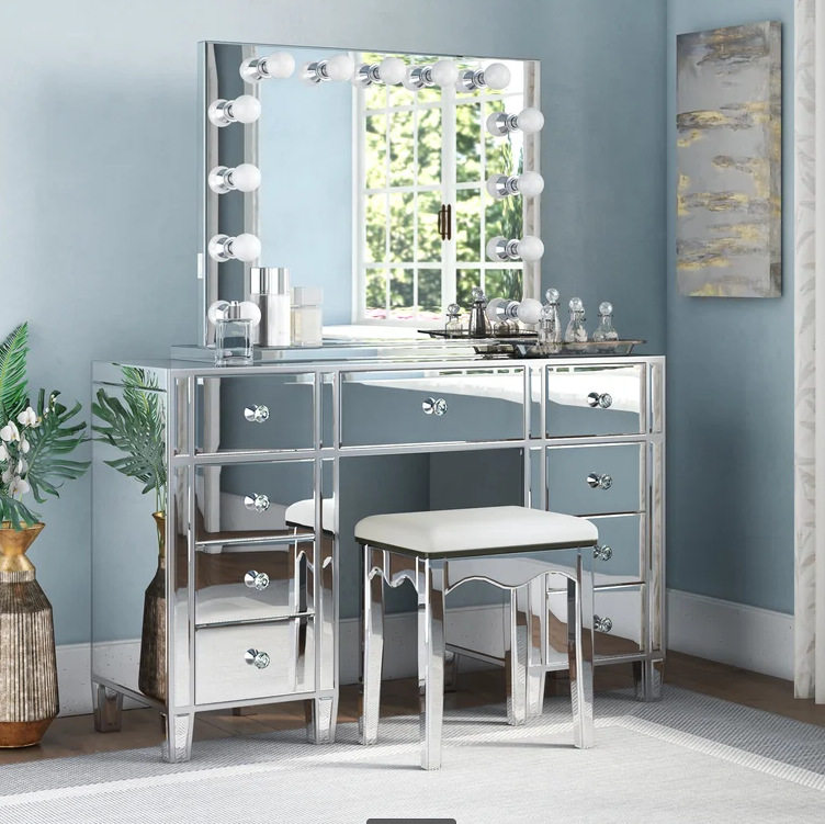 现代奢华镜面玻璃梳妆台复古线条装饰套装，含精美凳子与镜子