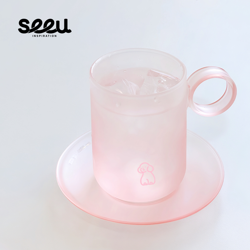 seeu水晶果冻玻璃杯碟女生高颜值磨砂小狗马克杯320ml家用喝水杯